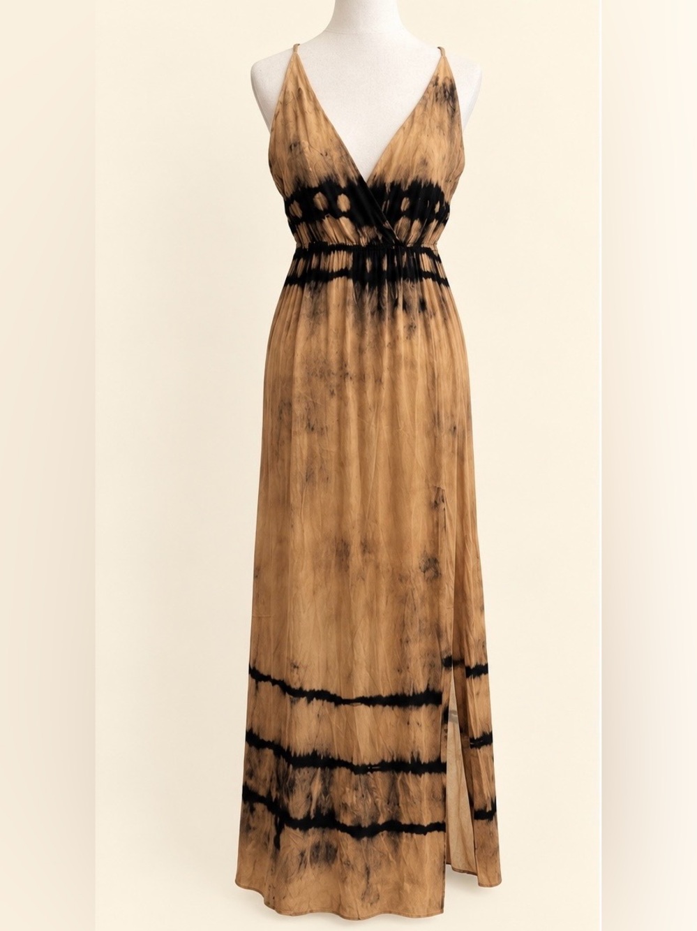 Shore Tie Dye Maxi Dress XS Black Taupe V Neck Boho Resort 100% Rayon